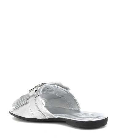 Shop Tod's Double T Metallic Leather Sandals In Silver