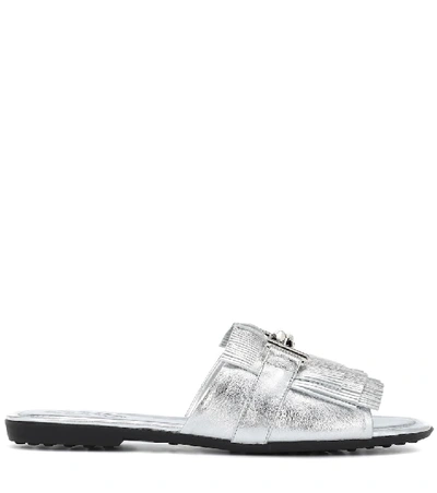 Shop Tod's Double T Metallic Leather Sandals In Silver