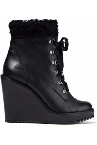 Shop Schutz Woman Faux Fur-trimmed Leather Wedge Ankle Boots Black
