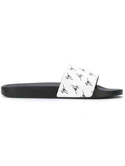 Shop Giuseppe Zanotti Logo Printed Burel Slides In White