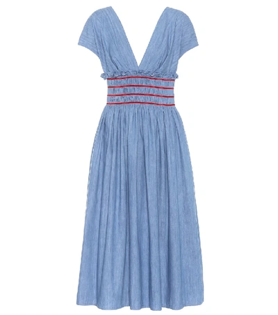 Shop Miu Miu Cotton Midi Dress In Blue