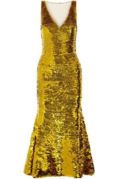 Shop Oscar De La Renta Sequined Silk-blend Gown In Gold