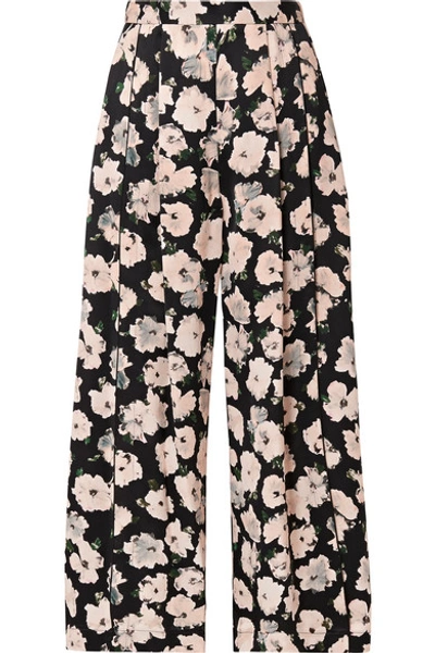 Shop Proenza Schouler Cropped Floral-print Satin-crepe Wide-leg Pants In Black