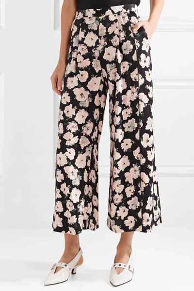 Shop Proenza Schouler Cropped Floral-print Satin-crepe Wide-leg Pants In Black