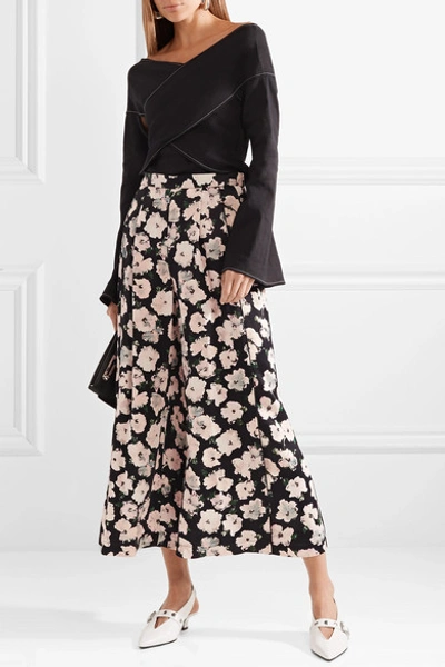 Shop Proenza Schouler Cropped Floral-print Satin-crepe Wide-leg Pants In Black