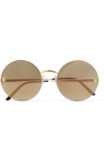 Shop Cartier Panthère Round-frame Gold-plated Mirrored Sunglasses