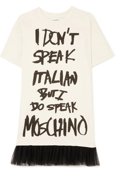 Shop Moschino Tulle-trimmed Printed Cotton-jersey Mini Dress In Cream