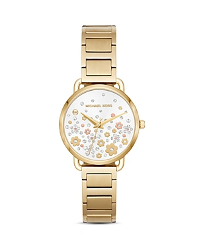 Shop Michael Kors Gold-tone Portia Floral Pave Watch, 32mm In White/gold