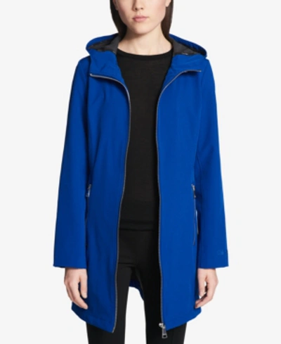 Shop Calvin Klein Petite Hooded A-line Softshell Raincoat In Chaotic Blue