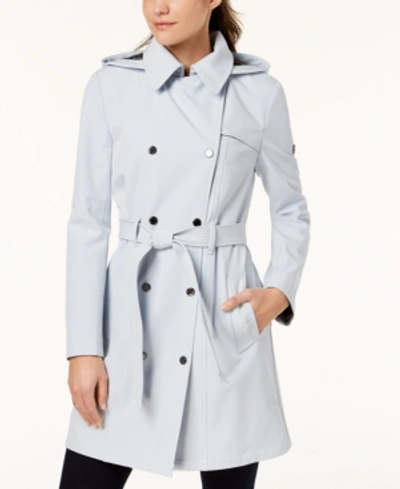 Shop Calvin Klein Hooded Belted Trench Coat In Powder Blue