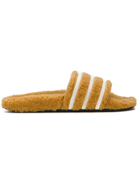 Adidas Originals Adilette Furry Slider Sandals In Tan - Black In Yellow |  ModeSens