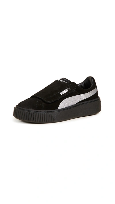 Shop Puma Platform Strap Satin Ep Sneakers In  Black/ Black