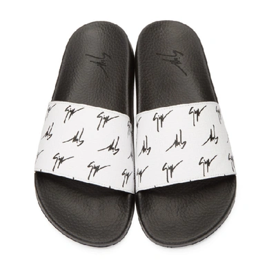 Shop Giuseppe Zanotti White And Black Burel Logo Slides In Lgn Bnc/ner