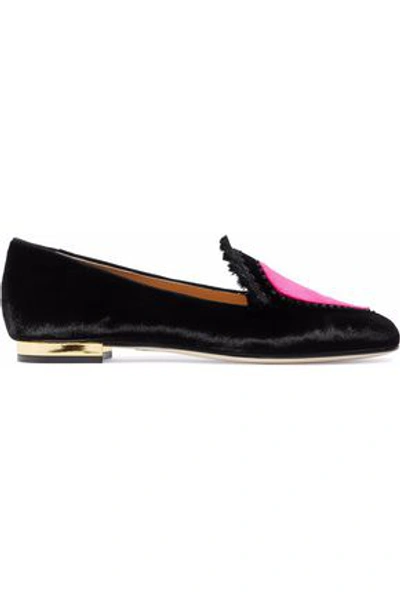 Shop Charlotte Olympia Woman Embellished Embroidered Velvet Slippers Black