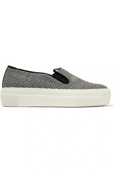 Shop Charlotte Olympia Woman Leather-trimmed Embroidered Houndstooth Woven Slip-on Sneakers Black