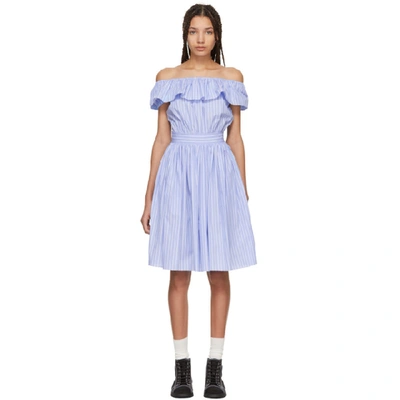 Shop Miu Miu Blue Striped Off-the-shoulder Dress
