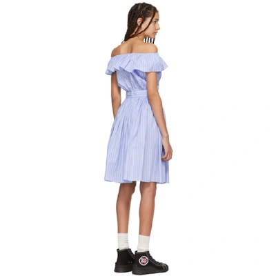 Shop Miu Miu Blue Striped Off-the-shoulder Dress