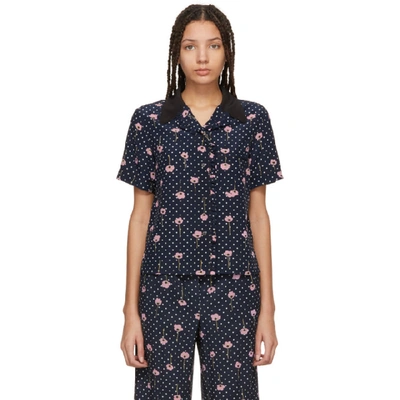 Shop Miu Miu Navy Floral Polka Dot Pyjama Shirt In 008 Blue