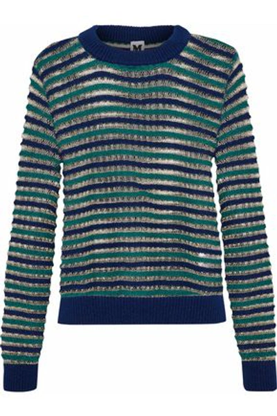 Shop M Missoni Woman Metallic Striped Open-knit Wool-blend Sweater Navy