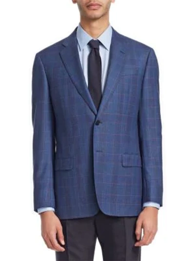Shop Emporio Armani Plaid Wool Jacket In Blue Grey