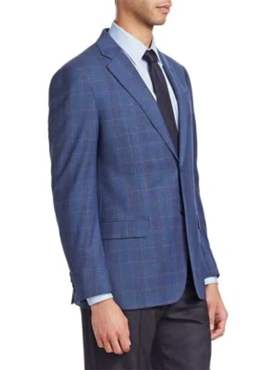 Shop Emporio Armani Plaid Wool Jacket In Blue Grey
