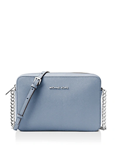 Shop Michael Michael Kors Jet Set Large Saffiano Leather Crossbody In Pale Blue/silver