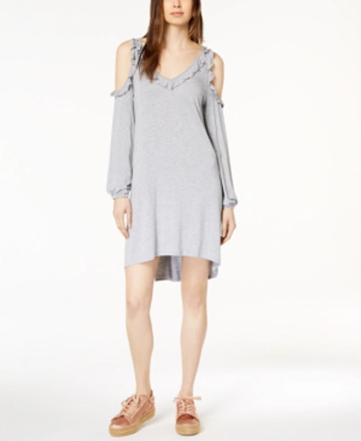 Shop Kensie Ruffled Cold-shoulder Dress In Heather Grey