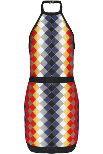 Shop Balmain Woman Intarsia-knit Halterneck Mini Dress Multicolor