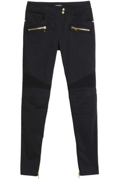 Shop Balmain Woman Moto-style Cotton-blend Skinny Pants Black