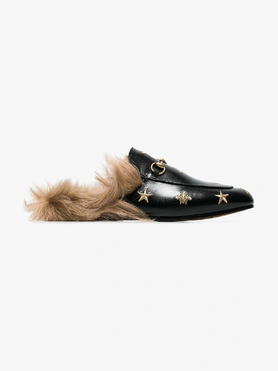 Shop Gucci Black Embroidered Princetown Fur Lined Leather Mules