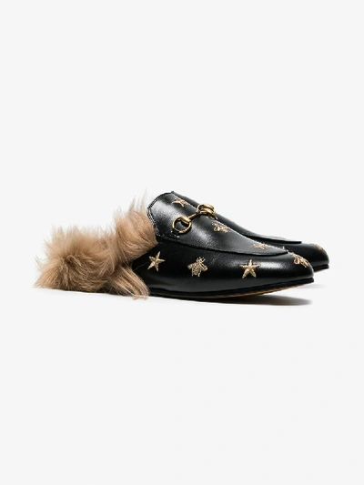 Shop Gucci Black Embroidered Princetown Fur Lined Leather Mules