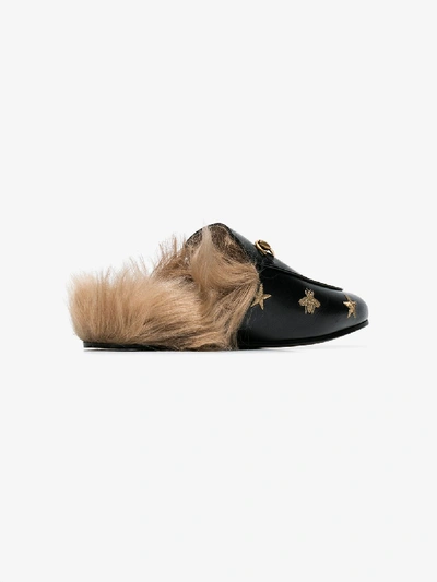 Shop Gucci Black Embroidered Princetown Fur Lined Leather Mules