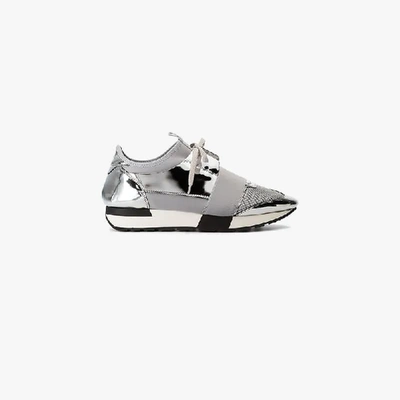 Shop Balenciaga Grey And Silver Race Runner Leather Sneakers In Metallic