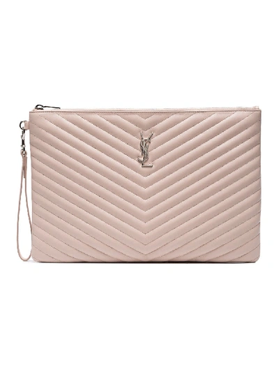 Shop Saint Laurent Pink Large Leather Monogram Pouch