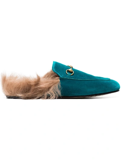 Shop Gucci Turquoise Princetown Velvet Fur Lined Mules