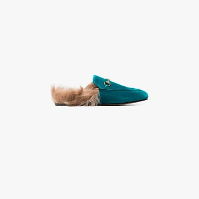 Shop Gucci Turquoise Princetown Velvet Fur Lined Mules In Blue