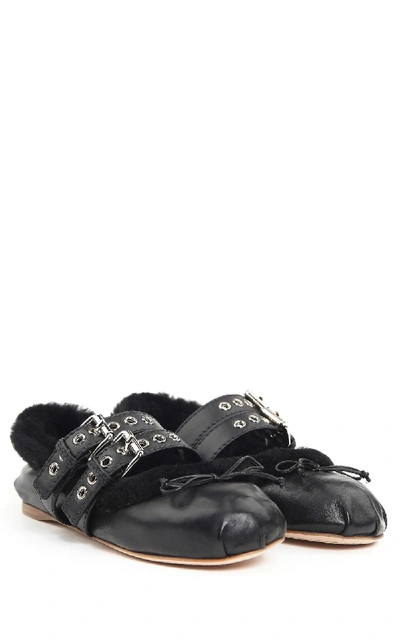 Shop Miu Miu Leather And Shearling Ballet Flats In Nero