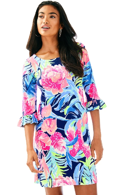 Shop Lilly Pulitzer Upf 50+ Sophie Ruffle Dress In High Tide Navy Tropicolada