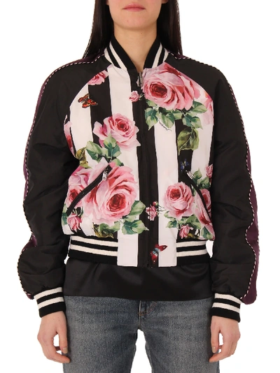 Shop Dolce & Gabbana Rose Print Reversible Bomber Jacket In Black