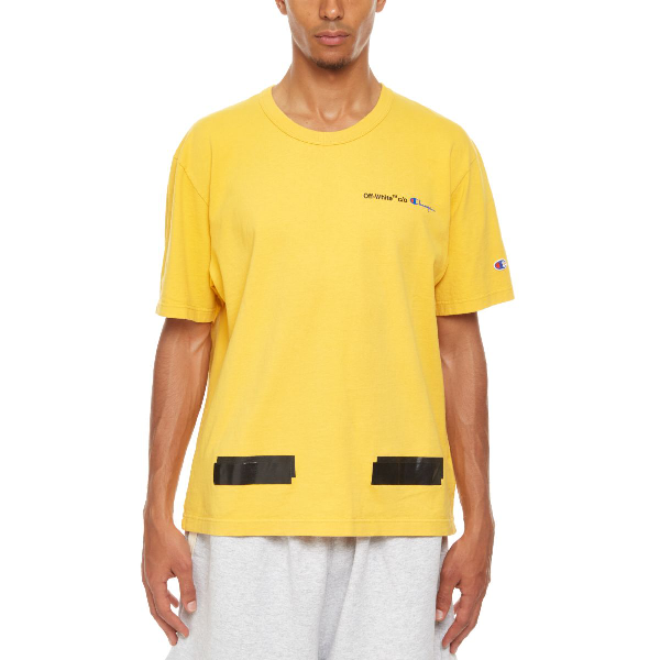 yellow and white champion shirt