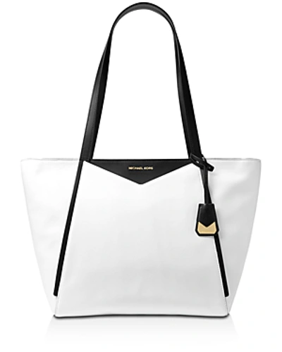 Shop Michael Michael Kors Whitney Large Top Zip Leather Tote In Optic White