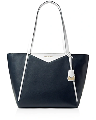Shop Michael Michael Kors Whitney Large Top Zip Leather Tote In Admiral