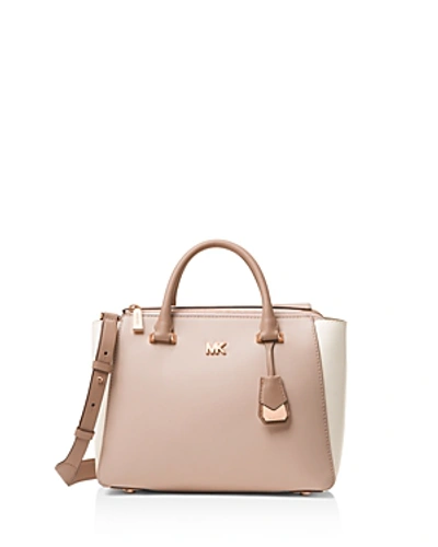 Shop Michael Michael Kors Nolita Medium Leather Satchel In Soft Pink/light Cream/fawn/rose Gold