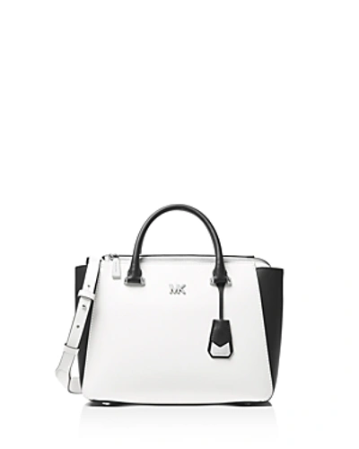 Shop Michael Michael Kors Nolita Medium Leather Satchel In Optic White/black/silver