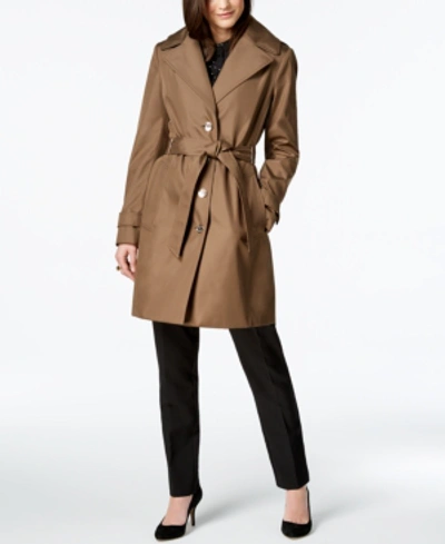 Shop Calvin Klein Petite Belted Hooded Water Resistant Trench Coat, Created For Macys In Truffle