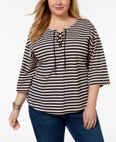 Shop Tommy Hilfiger Plus Size Cotton Lace-up Top, Created For Macy's In Pink/sky Captain