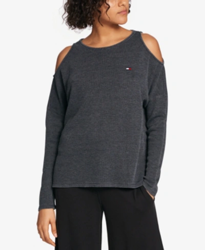 Shop Tommy Hilfiger Sport Cold-shoulder Waffle-knit Top, Created For Macy's In Black