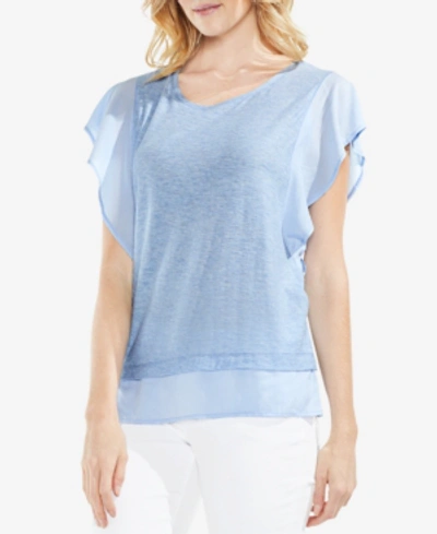 Shop Vince Camuto Contrast Flutter-sleeve Top In Light Chambray Heather