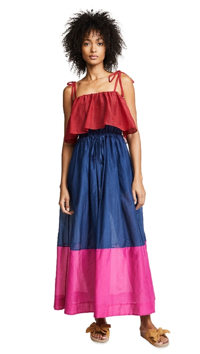 Shop Diane Von Furstenberg Sleeveless Pleated Maxi Dress In Garnet/light Navy/hot Pink