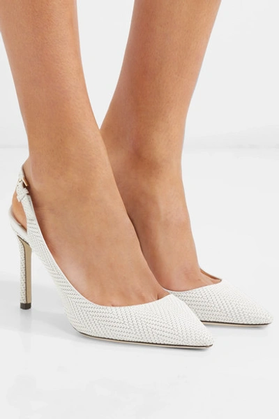 Shop Jimmy Choo Erin 85 Embossed Leather Slingback Pumps In White